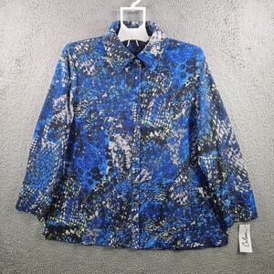 NEW Calessa Shirt Top Women Medium Button Up Stretch Graphic Blue Gray